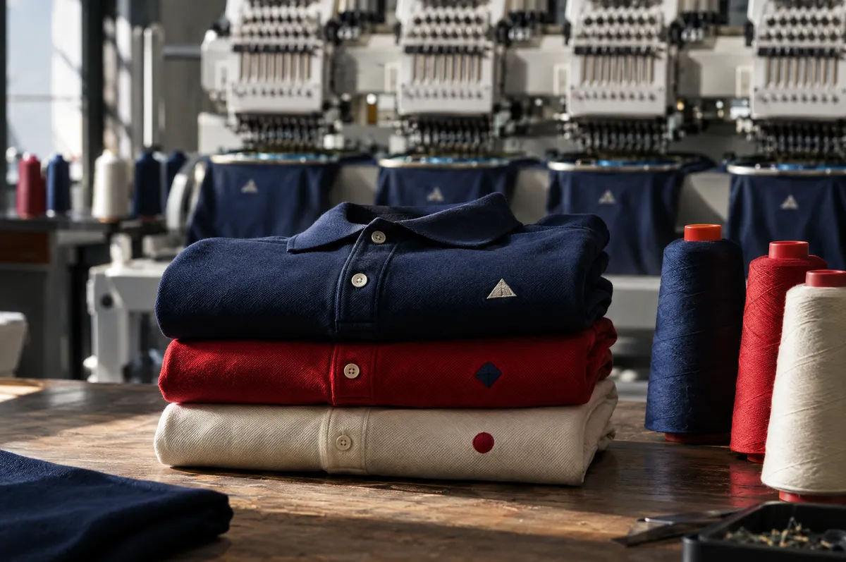 Polos de piqué dobladas en azul marino, rojo y crema con un emblema bordado en el pecho izquierdo, sobre una mesa del taller