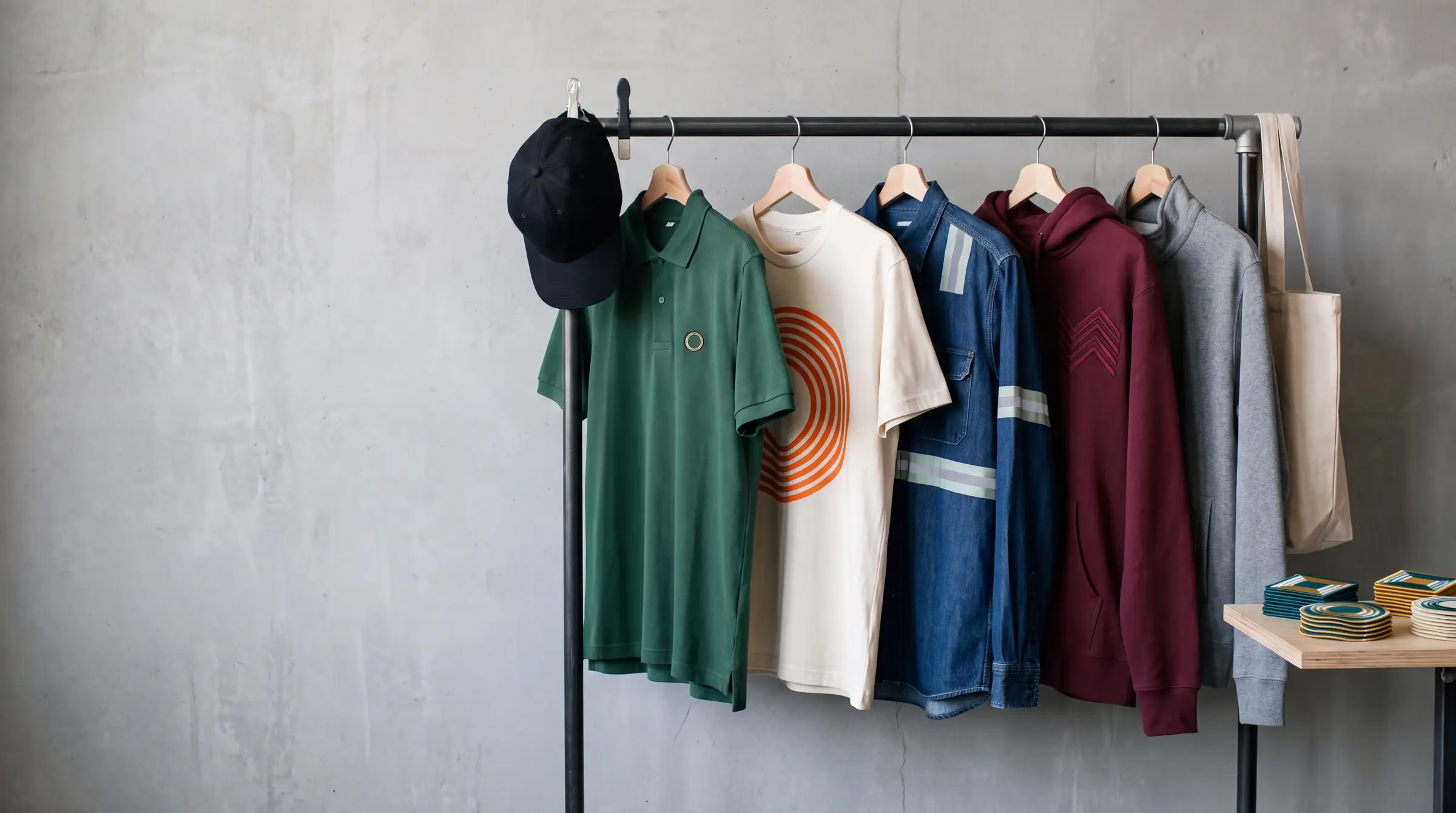Perchero con una prenda de cada servicio: polo bordado, playera serigrafiada, camisola de mezclilla con reflejante, sudadera, gorra, tote y una pila de parches